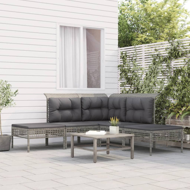 5-Delige Loungeset Met Kussens Poly Rattan Grijs hoek + 2x midden + 2x voetensteun