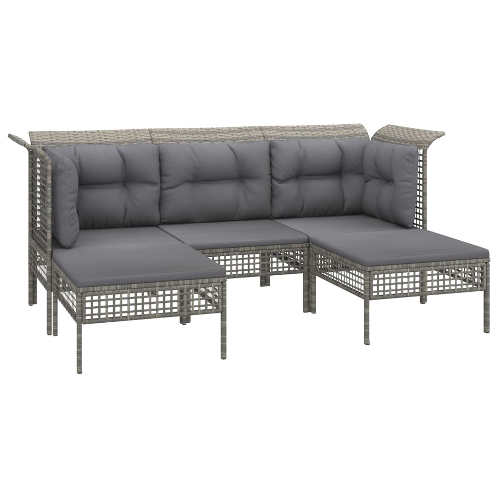 5-Delige Loungeset Met Kussens Poly Rattan Grijs 2x hoek + midden + 2x voetensteun