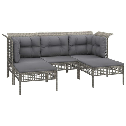 5-Delige Loungeset Met Kussens Poly Rattan Grijs 2x hoek + midden + 2x voetensteun