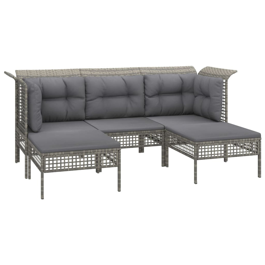 5-Delige Loungeset Met Kussens Poly Rattan Grijs 2x hoek + midden + 2x voetensteun
