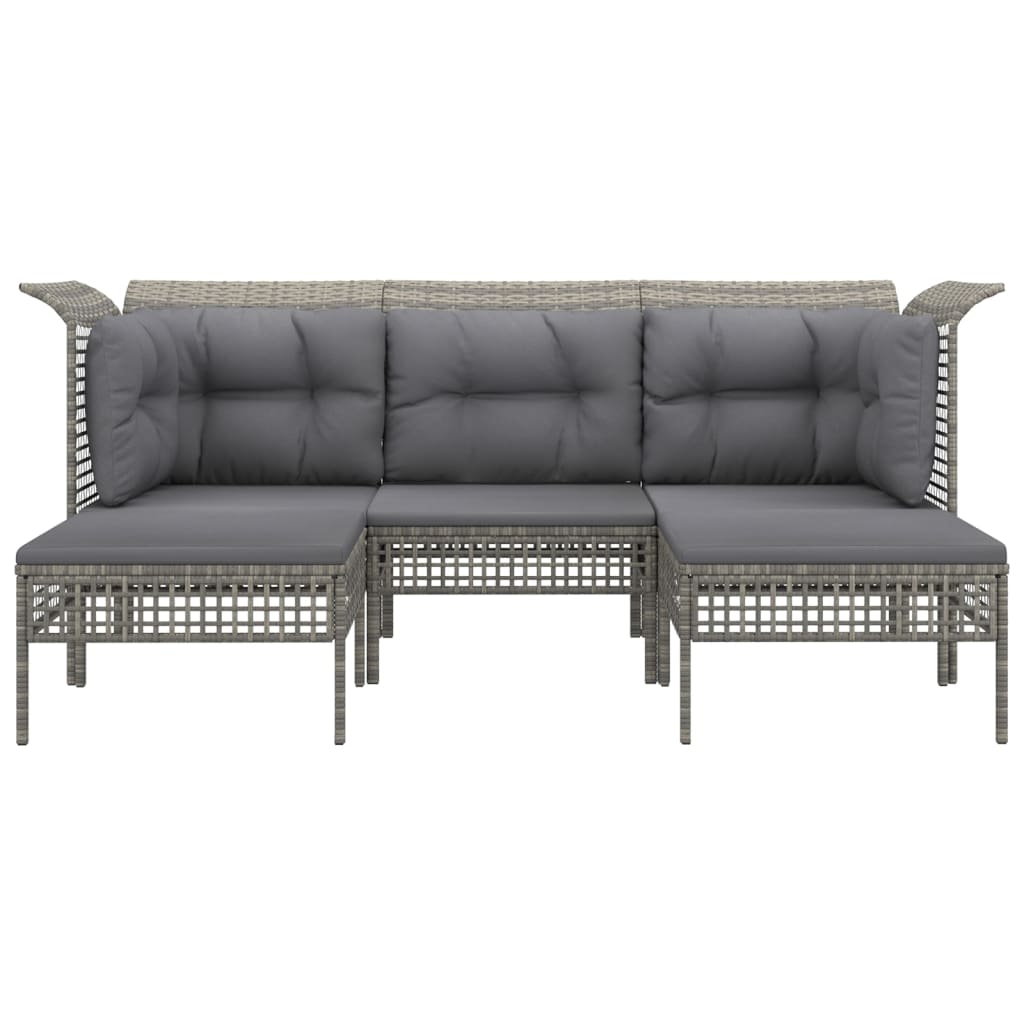 5-Delige Loungeset Met Kussens Poly Rattan Grijs 2x hoek + midden + 2x voetensteun
