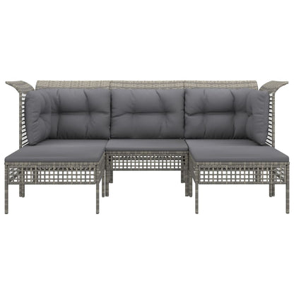 5-Delige Loungeset Met Kussens Poly Rattan Grijs 2x hoek + midden + 2x voetensteun