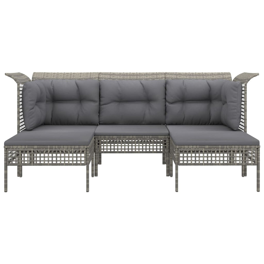 5-Delige Loungeset Met Kussens Poly Rattan Grijs 2x hoek + midden + 2x voetensteun