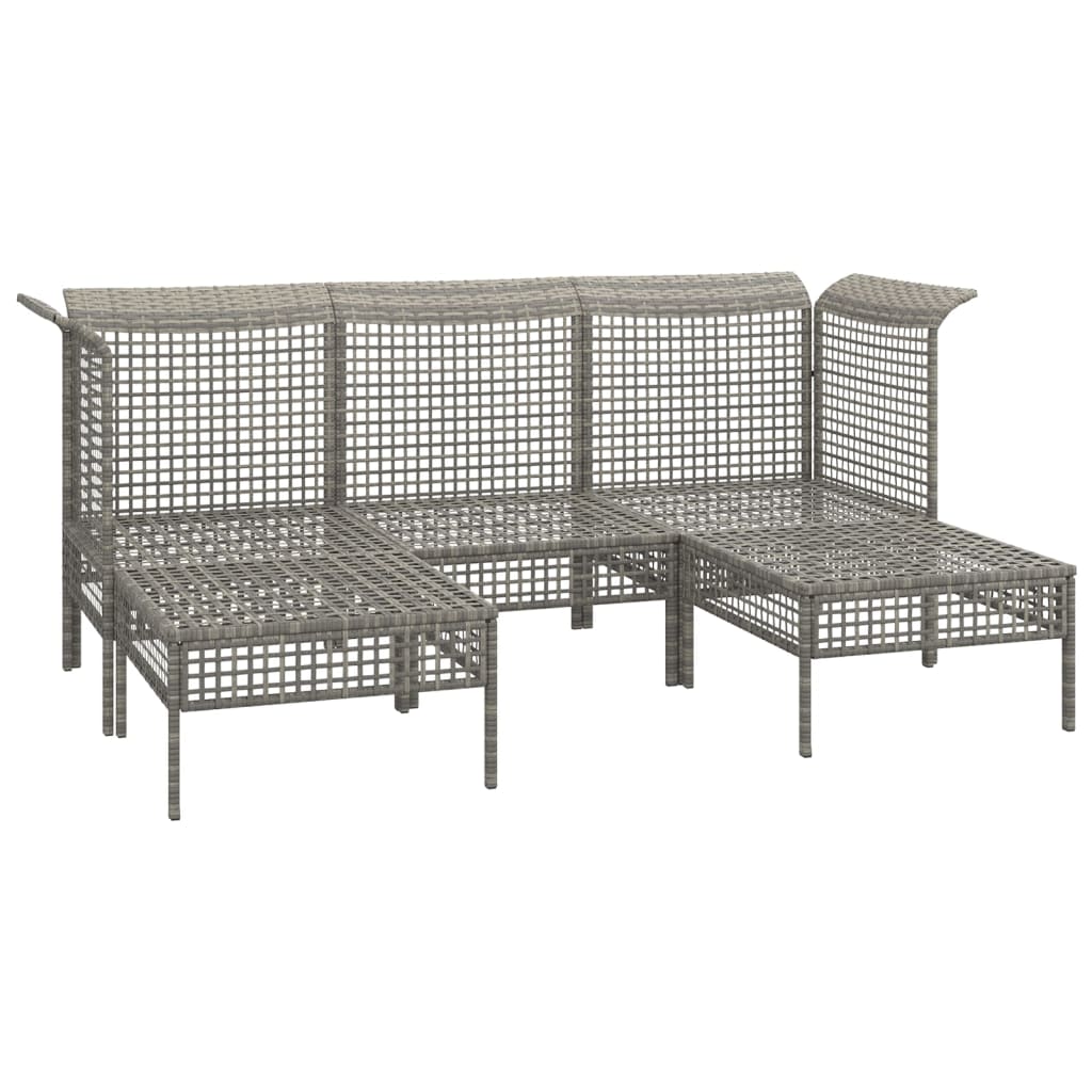 5-Delige Loungeset Met Kussens Poly Rattan Grijs 2x hoek + midden + 2x voetensteun