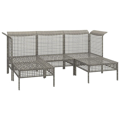 5-Delige Loungeset Met Kussens Poly Rattan Grijs 2x hoek + midden + 2x voetensteun