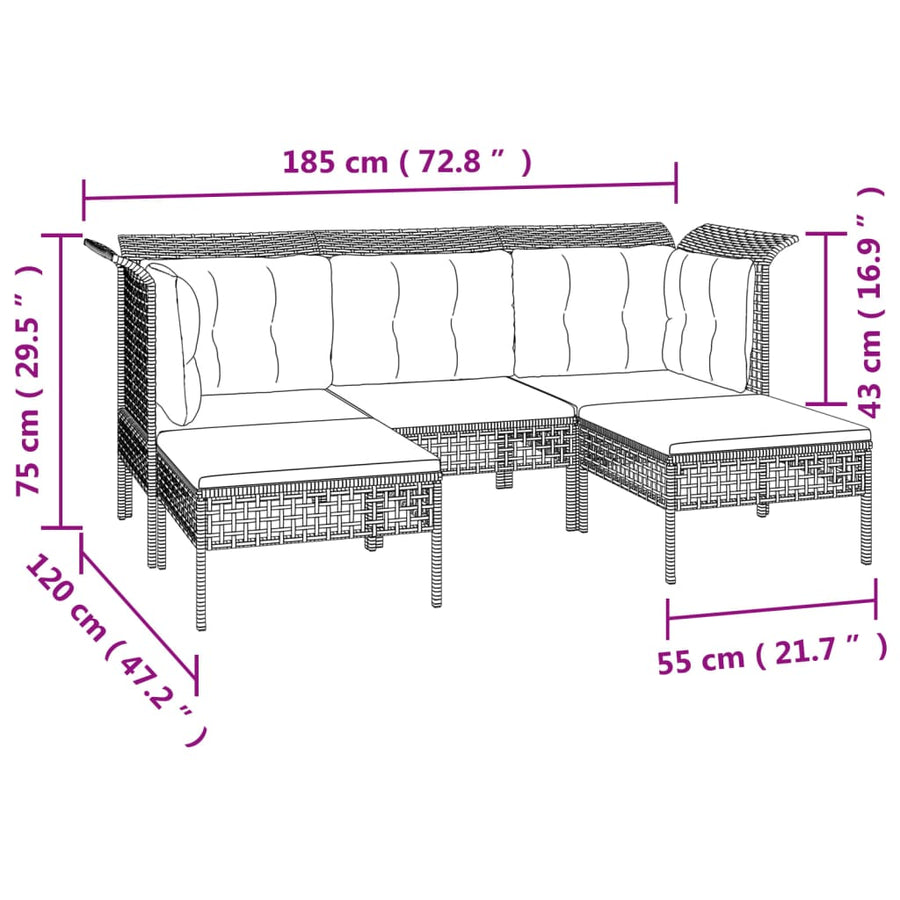 5-Delige Loungeset Met Kussens Poly Rattan Grijs 2x hoek + midden + 2x voetensteun