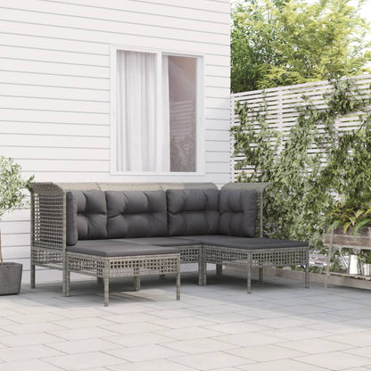 5-Delige Loungeset Met Kussens Poly Rattan Grijs 2x hoek + midden + 2x voetensteun