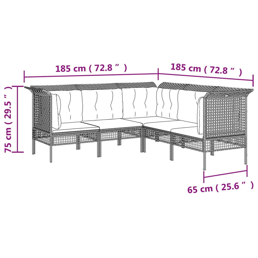 5-Delige Loungeset Met Kussens Poly Rattan Grijs 3x hoek + 2x midden