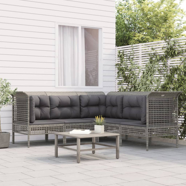 5-Delige Loungeset Met Kussens Poly Rattan Grijs 3x hoek + 2x midden