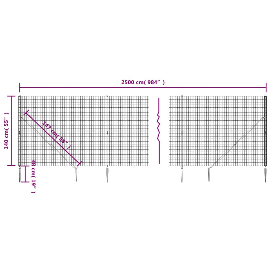 Draadgaashek met grondankers 1,4x25 m antracietkleurig 1.4 x 25 m Antraciet