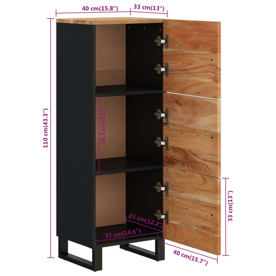 Hoge kast met 3 deuren 40x33x110 cm massief acaciahout en ijzer