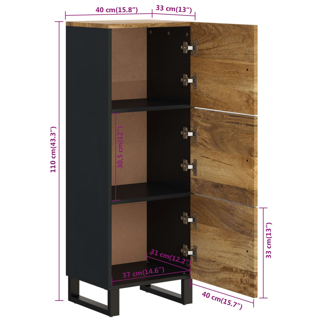 Hoge kast met 3 deuren 40x33x110 cm massief mangohout en ijzer