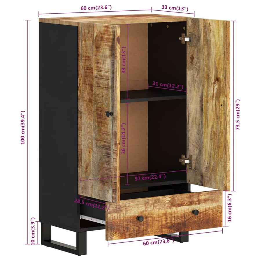 Hoge kast met lade 60x33x100 cm massief mangohout en ijzer