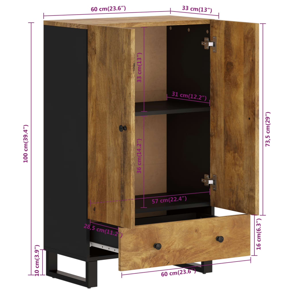 Hoge Kast Met Lade 60X33X100 Cm Massief Mangohout En Ijzer 60 x 33 x 110 cm Honingbruin