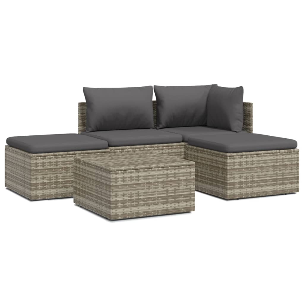 5-Delige Loungeset Met Kussens Poly Rattan Grijs hoek + midden + 2x voetensteun + Tafel