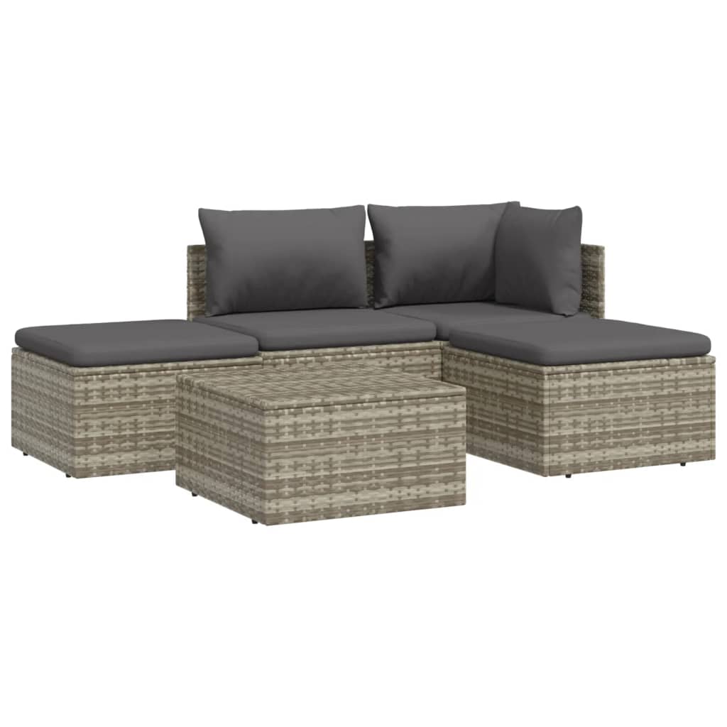 5-Delige Loungeset Met Kussens Poly Rattan Grijs hoek + midden + 2x voetensteun + Tafel