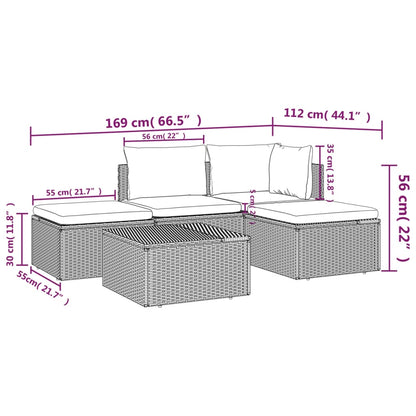 5-Delige Loungeset Met Kussens Poly Rattan Grijs hoek + midden + 2x voetensteun + Tafel
