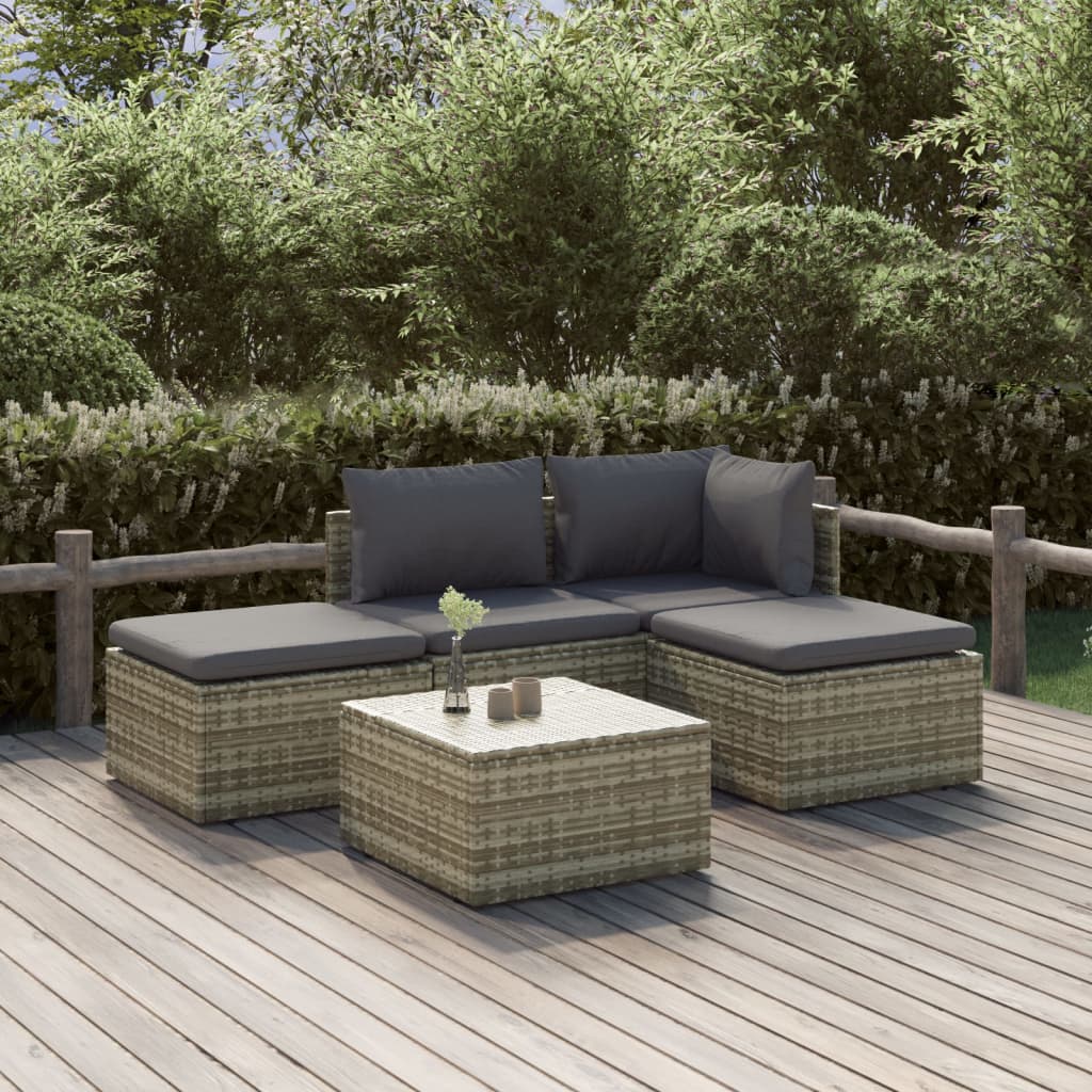 5-Delige Loungeset Met Kussens Poly Rattan Grijs hoek + midden + 2x voetensteun + Tafel