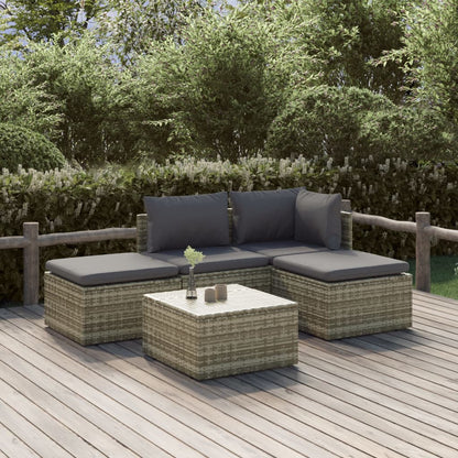 5-Delige Loungeset Met Kussens Poly Rattan Grijs hoek + midden + 2x voetensteun + Tafel