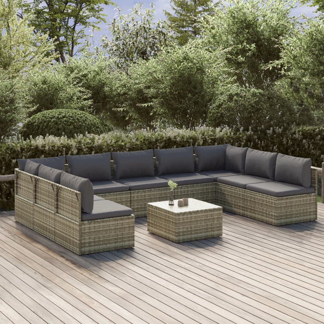 10-Delige Loungeset Met Kussens Poly Rattan Grijs 2x hoek + 7x midden + Tafel