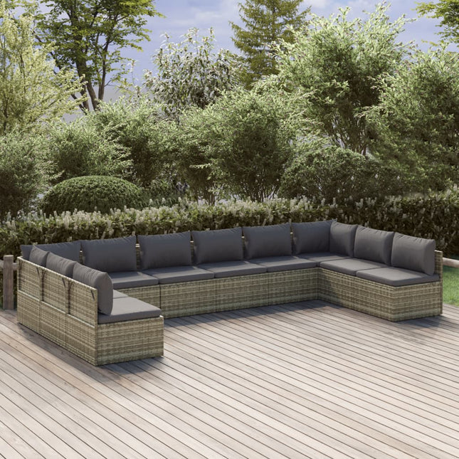 10-Delige Loungeset Met Kussens Poly Rattan Grijs 2x hoek + 8x midden