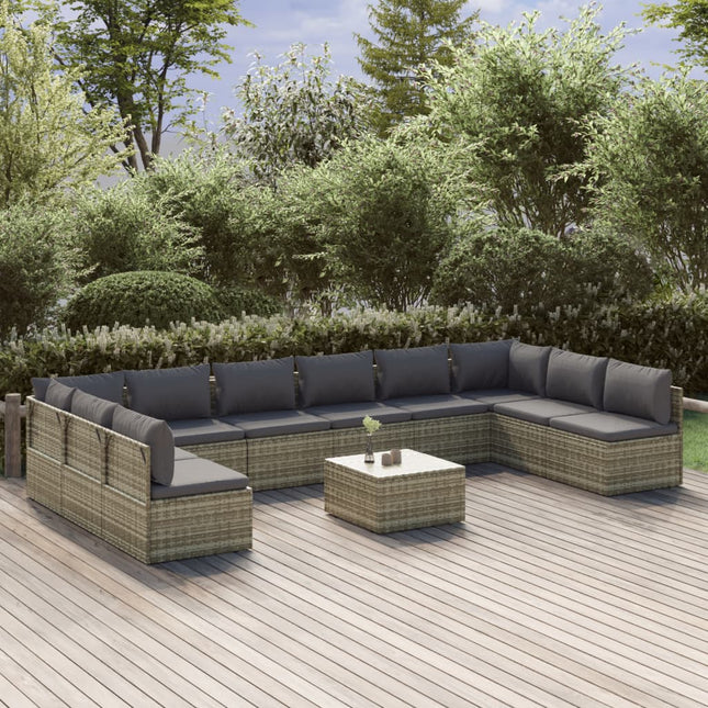 11-Delige Loungeset Met Kussens Poly Rattan Grijs 2x hoek + 8x midden + Tafel