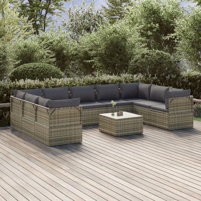 10-Delige Loungeset Met Kussens Poly Rattan Grijs 4x hoek + 5x midden + Tafel