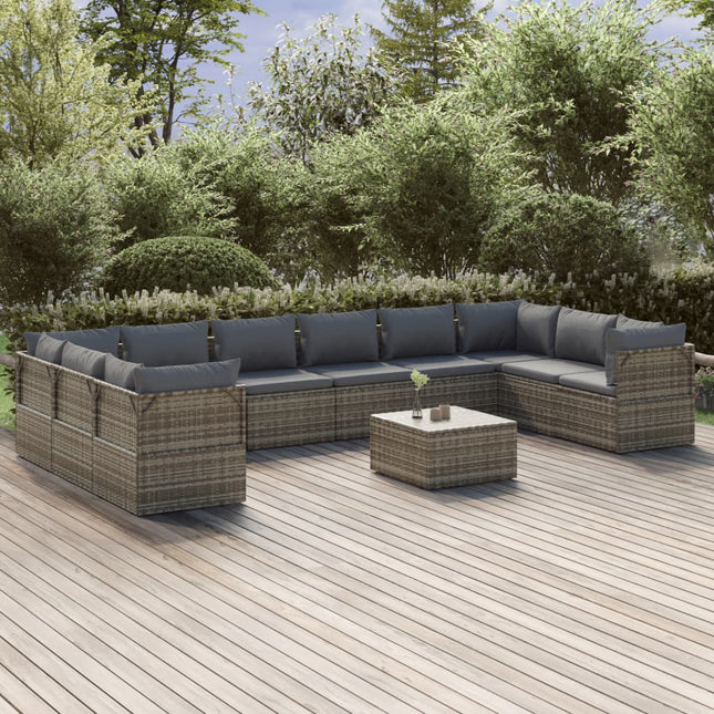 11-Delige Loungeset Met Kussens Poly Rattan Grijs 4x hoek + 6x midden + Tafel