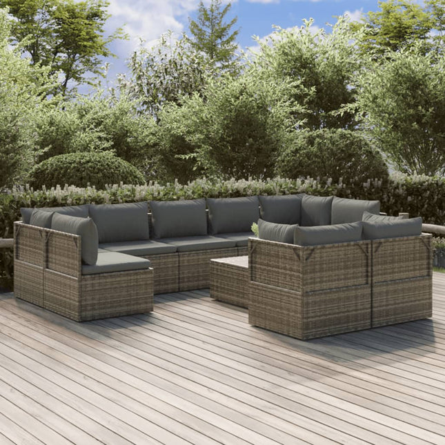 10-Delige Loungeset Met Kussens Poly Rattan Grijs 4x hoek + 5x midden + Tafel