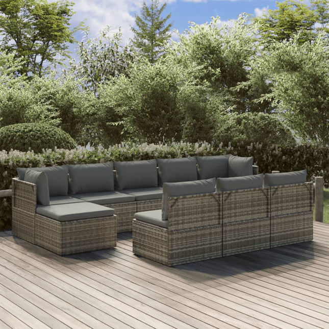 10-Delige Loungeset Met Kussens Poly Rattan Grijs 2x hoek + 6x midden + voetensteun + Tafel