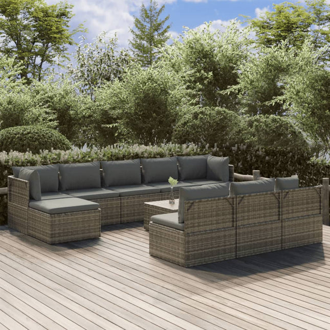 11-Delige Loungeset Met Kussens Poly Rattan Grijs 2x hoek + 6x midden + 2x voetensteun + Tafel