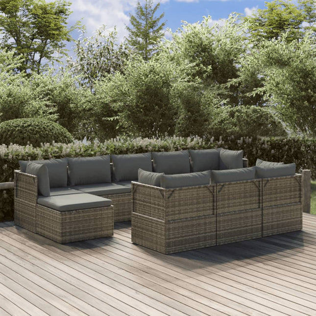 10-Delige Loungeset Met Kussens Poly Rattan Grijs 4x hoek + 4x midden + voetensteun + Tafel