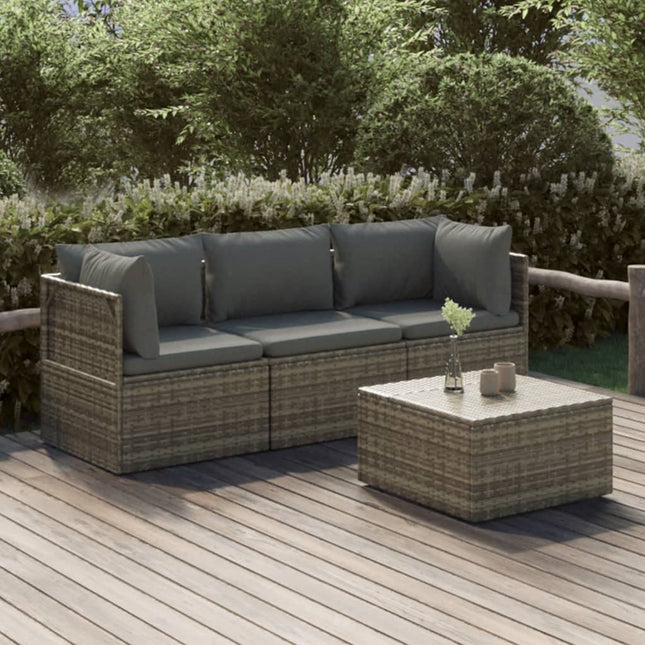 4-Delige Loungeset Met Kussens Poly Rattan Grijs 2x hoek + midden + Tafel