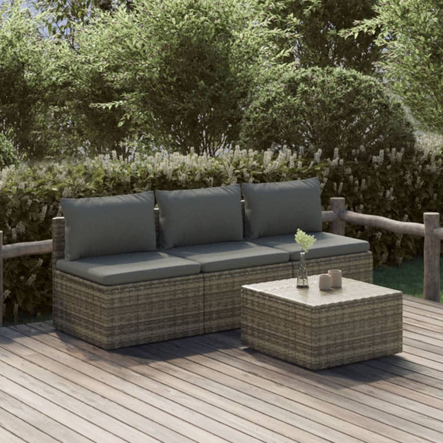 4-Delige Loungeset Met Kussens Poly Rattan Grijs 1 3x midden + Tafel