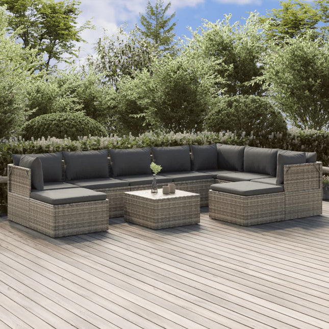 10-Delige Loungeset Met Kussens Poly Rattan Grijs 3x hoek + 4x midden + 2x voetensteun + Tafel