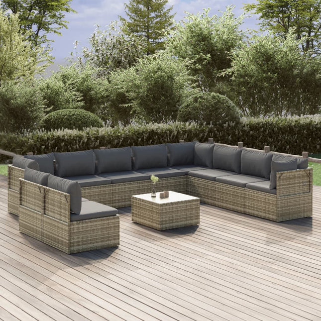 11-Delige Loungeset Met Kussens Poly Rattan Grijs 7 3x hoek + 7x midden + Tafel