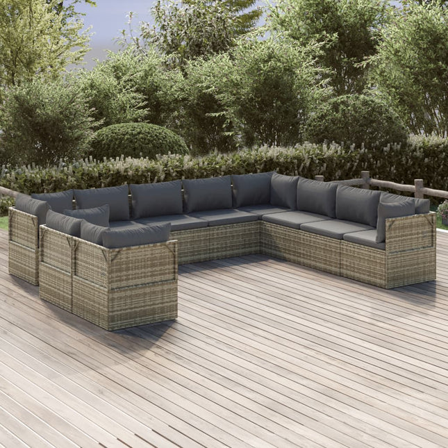 10-Delige Loungeset Met Kussens Poly Rattan Grijs 8 5x hoek + 5x midden