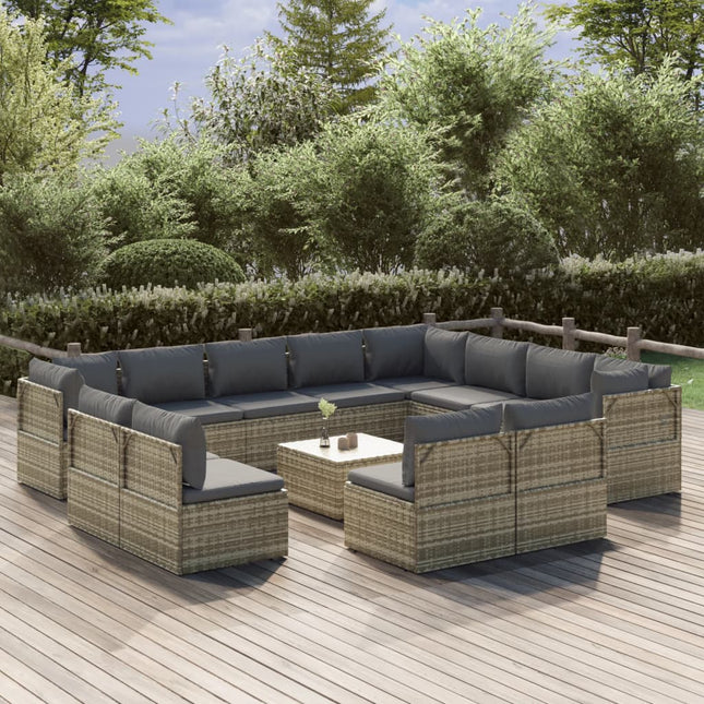 13-Delige Loungeset Met Kussens Poly Rattan Grijs 9 3x hoek + 9x midden + Tafel