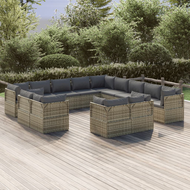 13-Delige Loungeset Met Kussens Poly Rattan Grijs 11 7x hoek + 6x midden