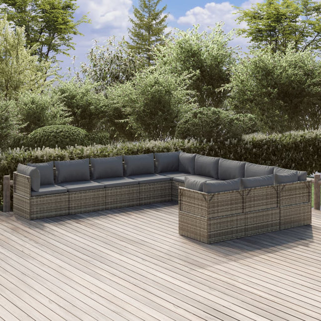 11-Delige Loungeset Met Kussens Poly Rattan Grijs 10 4x hoek + 7x midden