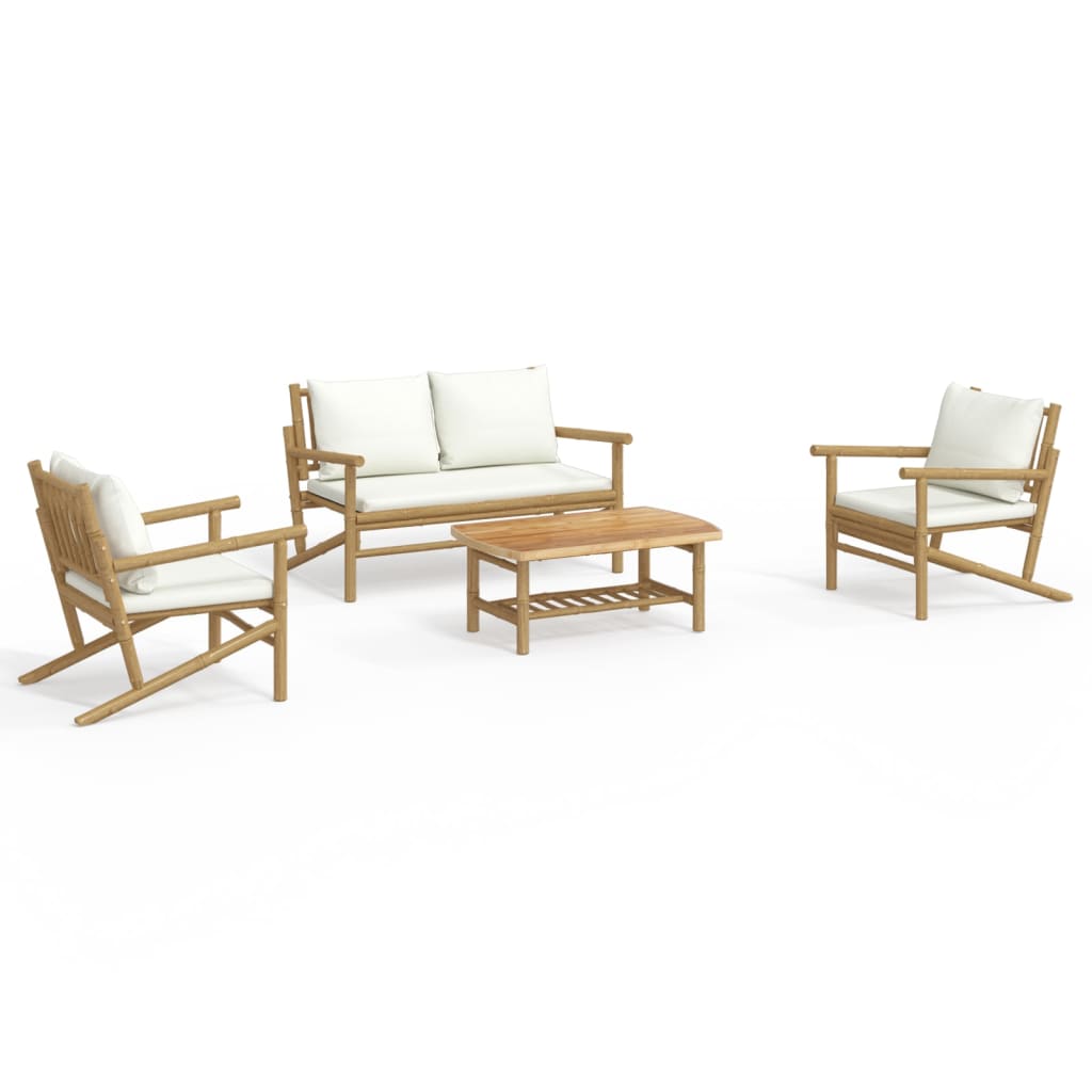 4-Delige Loungeset Met Kussens Bamboe Crèmewit 2x chair + bench + table