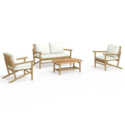 4-Delige Loungeset Met Kussens Bamboe Crèmewit 2x chair + bench + table