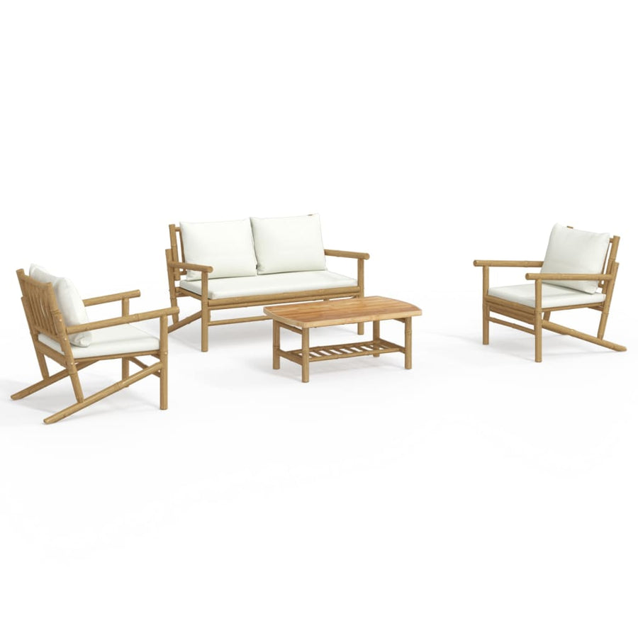 4-Delige Loungeset Met Kussens Bamboe Crèmewit 2x chair + bench + table