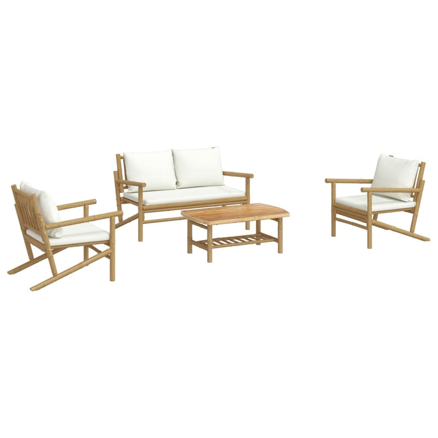 4-Delige Loungeset Met Kussens Bamboe Crèmewit 2x chair + bench + table