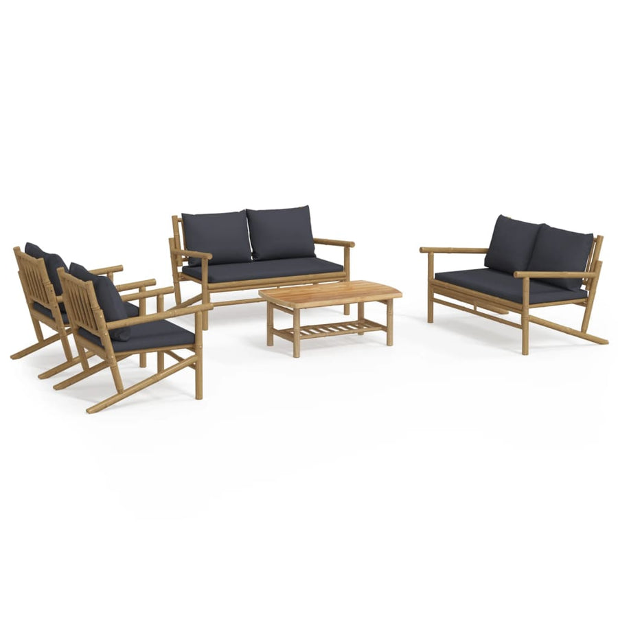 5-Delige Loungeset Met Kussens Bamboe Donkergrijs 2x chair + 2x bench + table