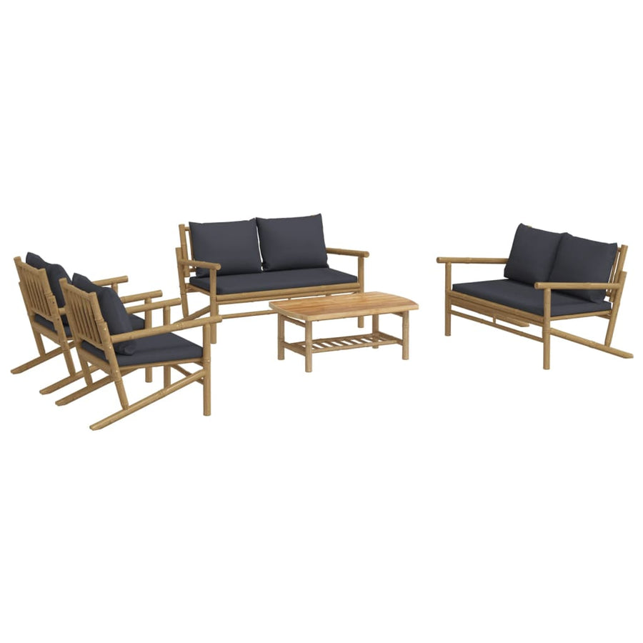 5-Delige Loungeset Met Kussens Bamboe Donkergrijs 2x chair + 2x bench + table