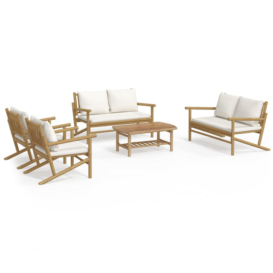 5-Delige Loungeset Met Kussens Bamboe Crèmewit 2x chair + 2x bench + table