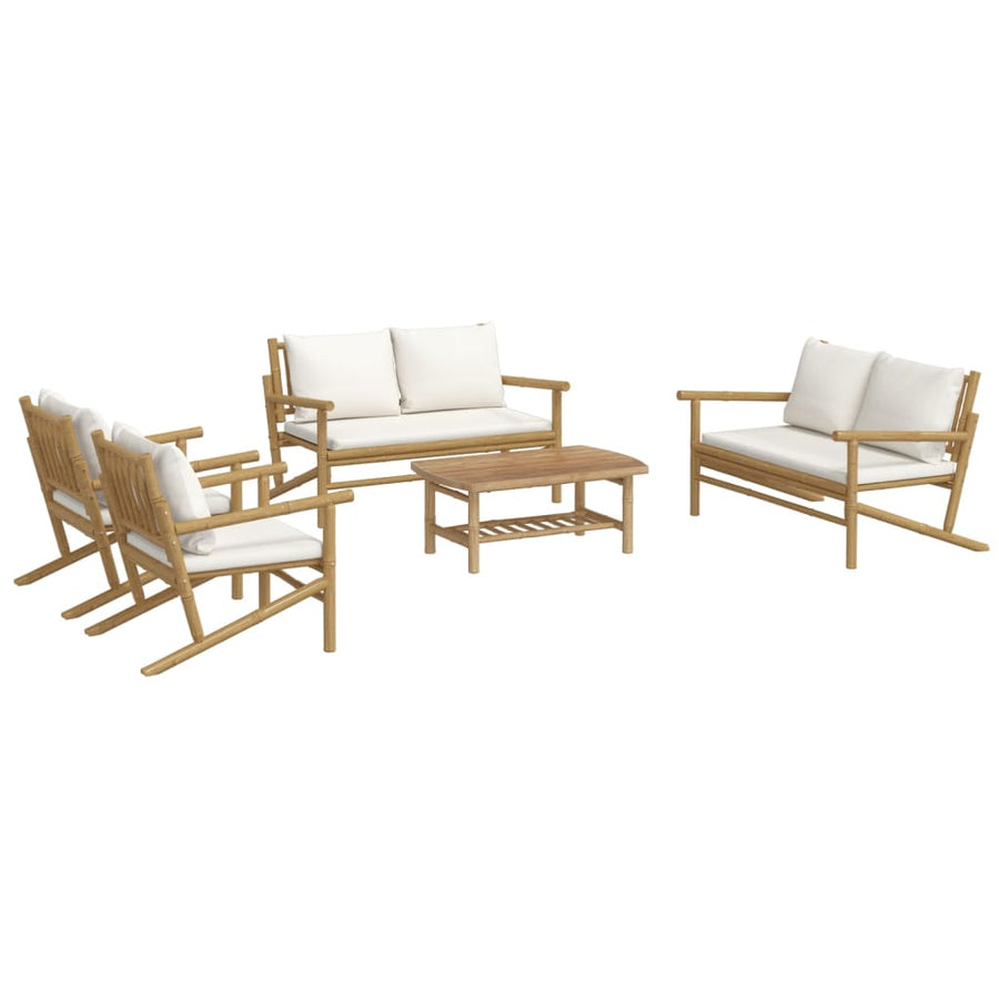 5-Delige Loungeset Met Kussens Bamboe Crèmewit 2x chair + 2x bench + table