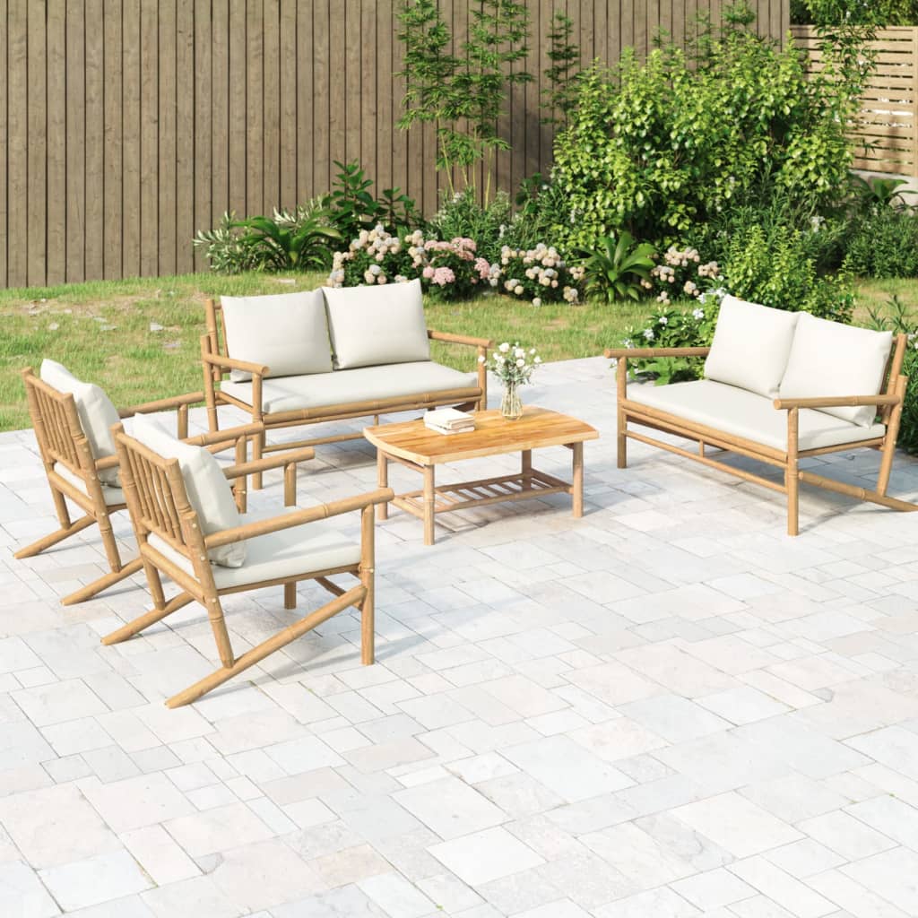 5-Delige Loungeset Met Kussens Bamboe Crèmewit 2x chair + 2x bench + table