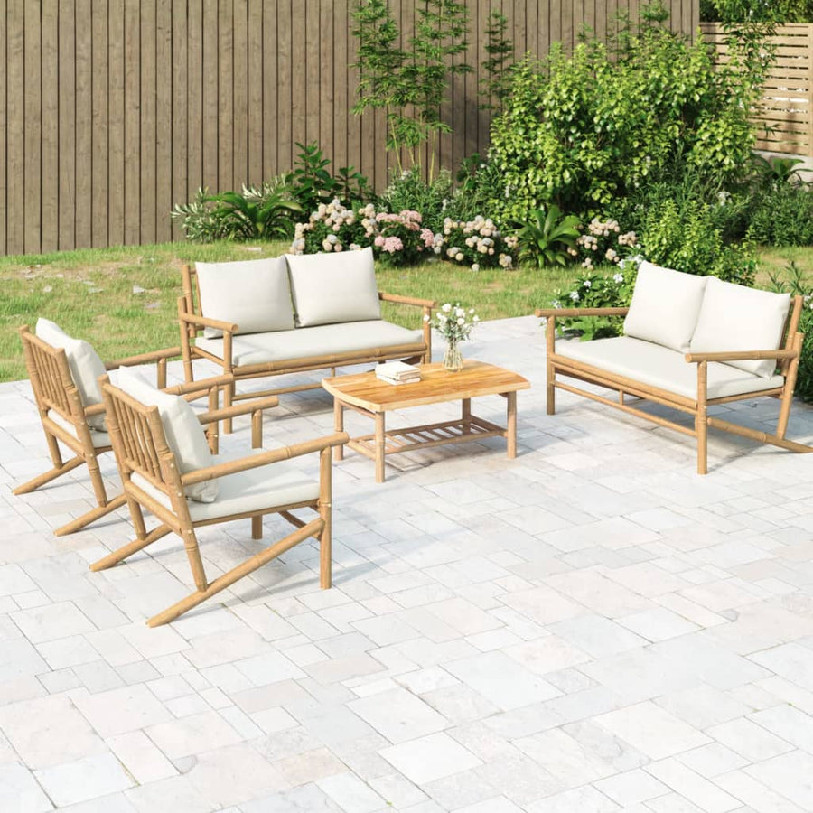 5-Delige Loungeset Met Kussens Bamboe Crèmewit 2x chair + 2x bench + table